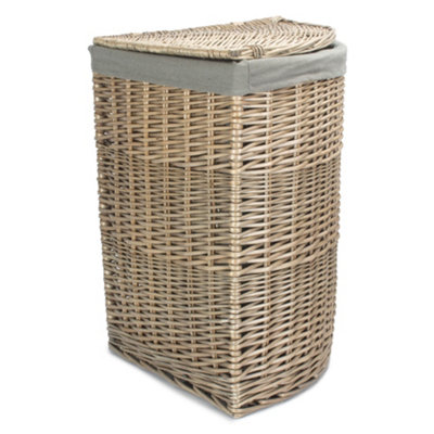 Large Antique Wash Corner Linen Basket with Grey Sage Lining
