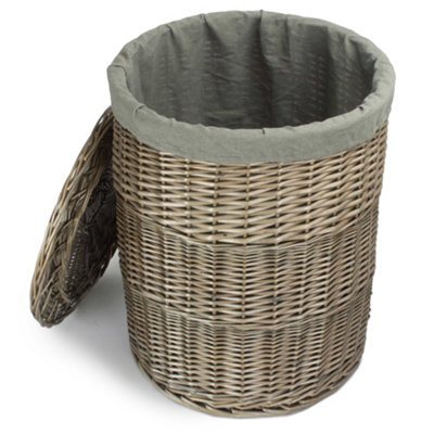 Large Antique Wash Round Linen Basket with Grey Sage Lining