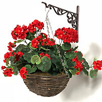 Large Artificial Geranium Flowers Rattan Hanging Basket Decoration Red 30cm