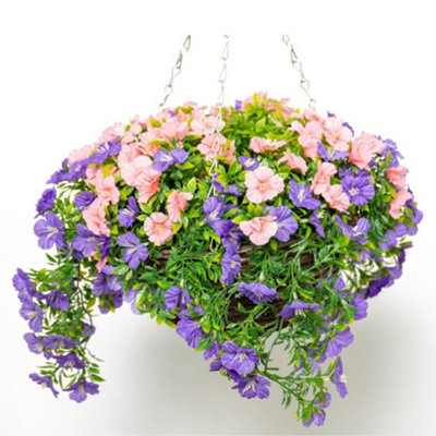 Large Artificial Petunia Flowers Rattan Hanging Basket Decoration  Purple & Pink 30cm