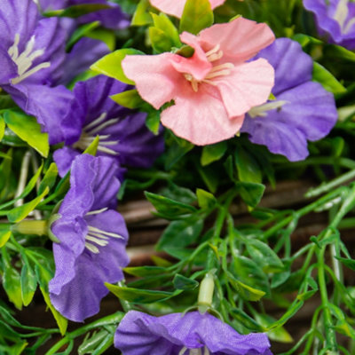 Large Artificial Petunia Flowers Rattan Hanging Basket Decoration  Purple & Pink 30cm