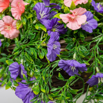 Large Artificial Petunia Flowers Rattan Hanging Basket Decoration  Purple & Pink 30cm - 4