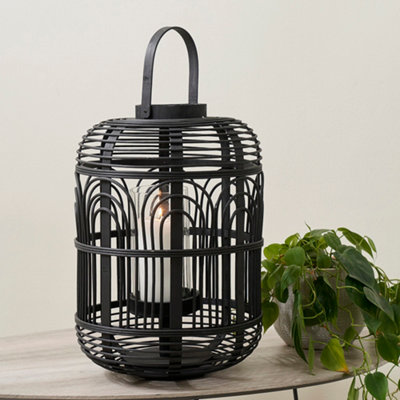 Large Black Bamboo and Glass Lantern