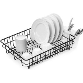 1pc Foldable Double-layer Dish Drying Rack With Automatic Drainage  Function, Iron Storage Shelf With Knife Holder And Tableware Box, White