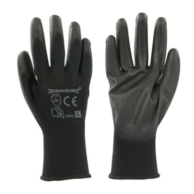 LARGE Black Gloves 13 Gauge Knitted & Poly Coated Palms & Fingers Open ...