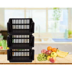 Large Black Stacking Storage Baskets 3 Tier Kitchen Home Office