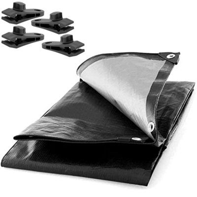 Large Black Tarpaulin, Durable, Water, UV Resistant Tarp Plastic Sheet - Ground Sheet for Versatile Use 6m x 8m with 4 Tarp Clips