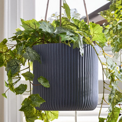 Large Blue Rippled Finish Hanging Planter Indoor Balcony Planter Outdoor Garden Planter Flower Plant Pot (H) 24cm, (Dia)24cm