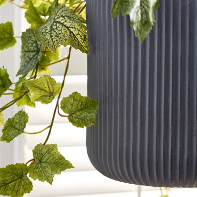 Large Blue Rippled Finish Hanging Planter Indoor Balcony Planter Outdoor Garden Planter Flower Plant Pot (H) 24cm, (Dia)24cm