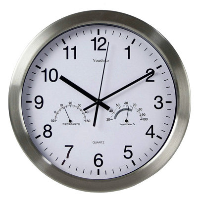 Large Bold Quartz Metal Wall Clock with Temperature & Humidity, 12
