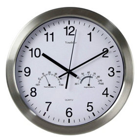 Large Bold Quartz Metal Wall Clock with Temperature & Humidity, 12'' Non Ticking Silent Sweeping Seconds
