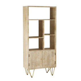 Large Bookcase with 2 Door - Solid Mango Wood - L35 x W80 x H180 cm - Light Gold
