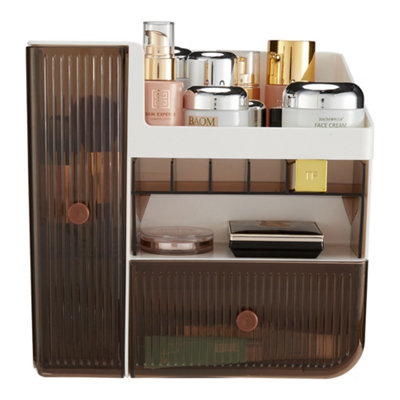 Large Capacity Tabletop Makeup Storage Organizer with Dustproof Brush Holder Drawers for Bathroom Countertop