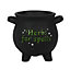 Large Cauldron Shaped Resin Plant Pot With Drainage hole. Black with Green Text "Herbs for spells". (Dia) 21 cm