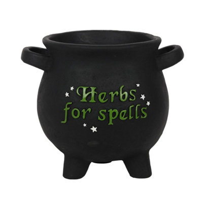 Large Cauldron Shaped Resin Plant Pot With Drainage hole. Black with Green Text "Herbs for spells". (Dia) 21 cm