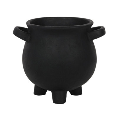 Large Cauldron Shaped Resin Plant Pot With Drainage hole. Black with Green Text "Herbs for spells". (Dia) 21 cm