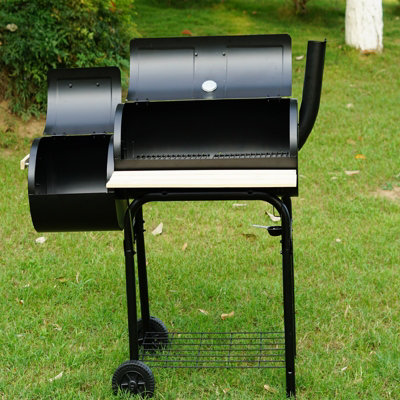 Large Charcoal Barrel BBQ Grill With Smoker Garden Barbecue Patio Portable Wheels