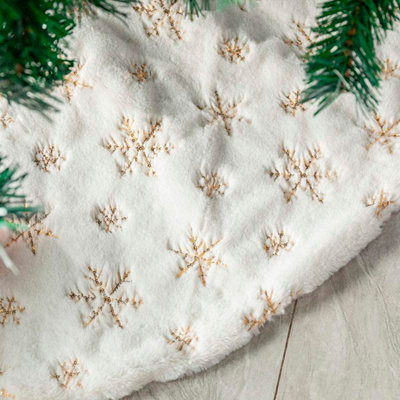 Large Christmas Tree Skirt White Gold Snowflakes Faux Fur Tree Trim Mat 110cm - 4