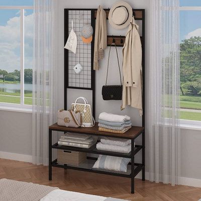 Large Coat Rack Stand with 9 Hooks, 10 S Hooks and Shoes Bench
