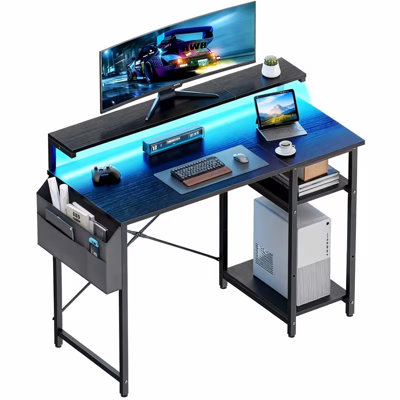 Large Computer Desk with LED Lights and Height Adjustable Monitor Stand ...