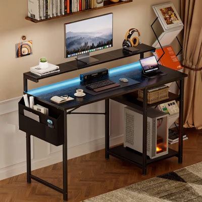 Large Computer Desk with LED Lights and Height Adjustable Monitor Stand ...
