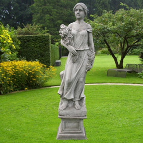 Large Conservatory Female Statue with Rose Bouquet on a Plinth