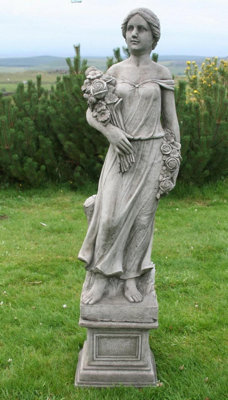 Large Conservatory Female Statue with Rose Bouquet on a Plinth
