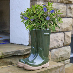 Large Dark Green Wellington Boots Outdoor Summer Ceramic Flower Pot Garden Planter Pot Gift for Gardeners