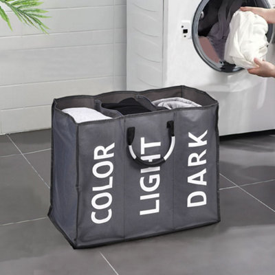 Large Dark Grey Fabric Washing Laundry Basket Bag with 3 Sections for Bedroom