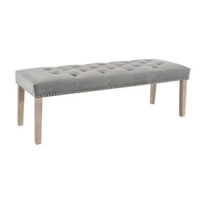 Large Dining Bench Grey Velvet Button Studded Frame With Solid Wooden Legs