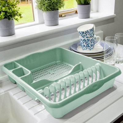 Large Dish Drainer with Two Cutlery Drainer Utensil Holders for Kitchen Sink - Sage Green