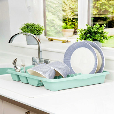 Large Dish Drainer with Two Cutlery Drainer Utensil Holders for Kitchen Sink - Sage Green