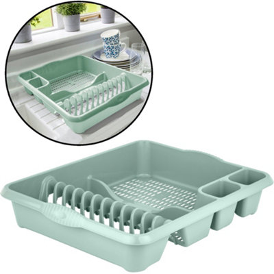 Large Dish Drainer with Two Cutlery Drainer Utensil Holders for Kitchen Sink - Sage Green