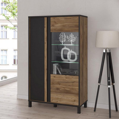 Large Display Cabinet Oak Matt Black Finish Double Doors Glass Panel ...