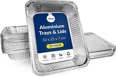 Aluminium Foil Tray Containers (5 Trays) Baking and Cooking Foil Containers,  Freezer Safe and Reusable (32cm x 20cm x 3.3cm)