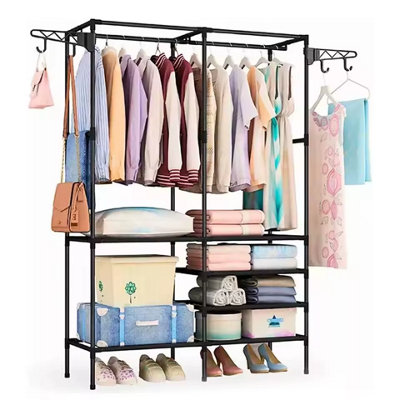 Large Double Clothes Rack , Floor Stand with Hooks and Shoe Shelf