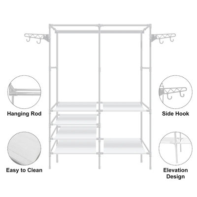 Large Double Clothes Rack , Floor Stand with Hooks and Shoe Shelf