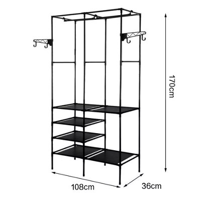 Large Double Clothes Rack , Floor Stand with Hooks and Shoe Shelf