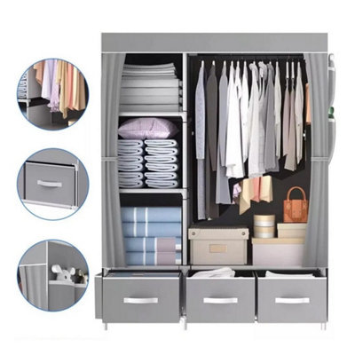 Foldable Canvas Wardrobe Dhouse - 165x125x45cm, 3 Hanging Rods, Grey ...