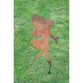 Large Fairy on Stake - Garden Ornament - Solid Steel - L28 x W21.6 x H40.6 cm - Bare Metal/Ready to Rust