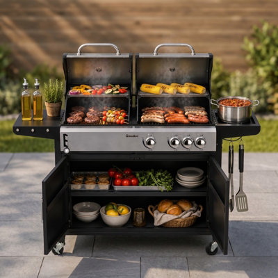 Large Family Double Hood Gas BBQ Grill Outdoor Garden Cooking Station ...