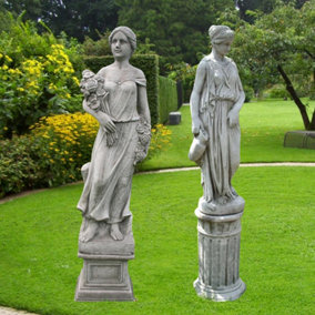 Large Female Statues Rose Lady and Girl with Jug on Pedestals