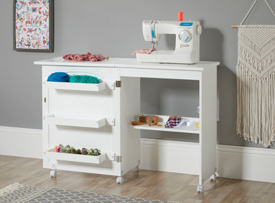 2-in-1 Folding Sewing & Craft Table With Wheels - Mobile Desk With Storage Shelves, Natural Finish