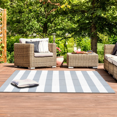 Large Garden Outdoor Rug For Patio, Misty Grey & White Line Waterproof ...