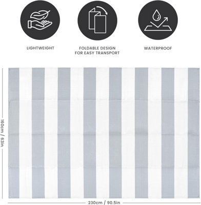 Large Garden Outdoor Rug For Patio, Misty Grey & White Line Waterproof ...