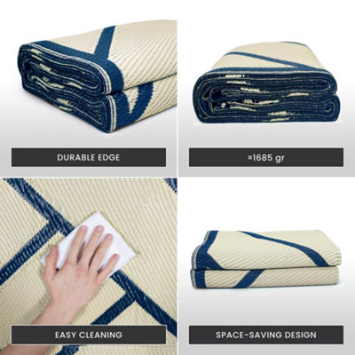Large Garden Outdoor Rug For Patio, Royal Blue & Cream Geo-Lines ...