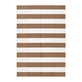 Large Garden Outdoor Rug For Patio, Taupe & White Line Waterproof Garden Rug 160 x 230cm