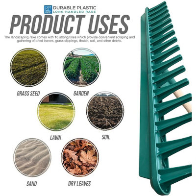 Large Garden Rake Head 120cm Handle Heavy Duty Plastic 16 Teeth Soil