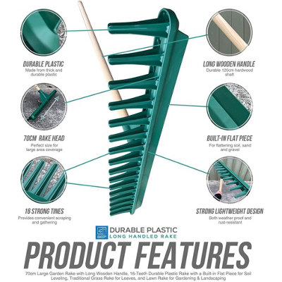 Large Garden Rake Head 120cm Handle Heavy Duty Plastic 16 Teeth Soil