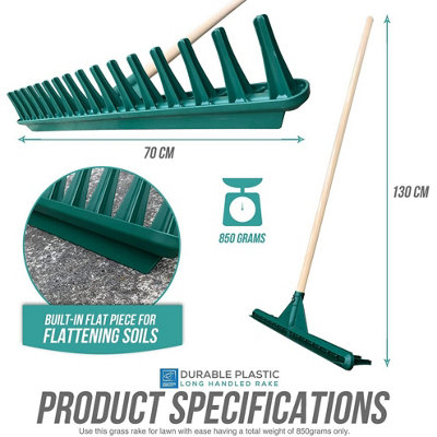 Large Garden Rake Head 120cm Handle Heavy Duty Plastic 16 Teeth Soil